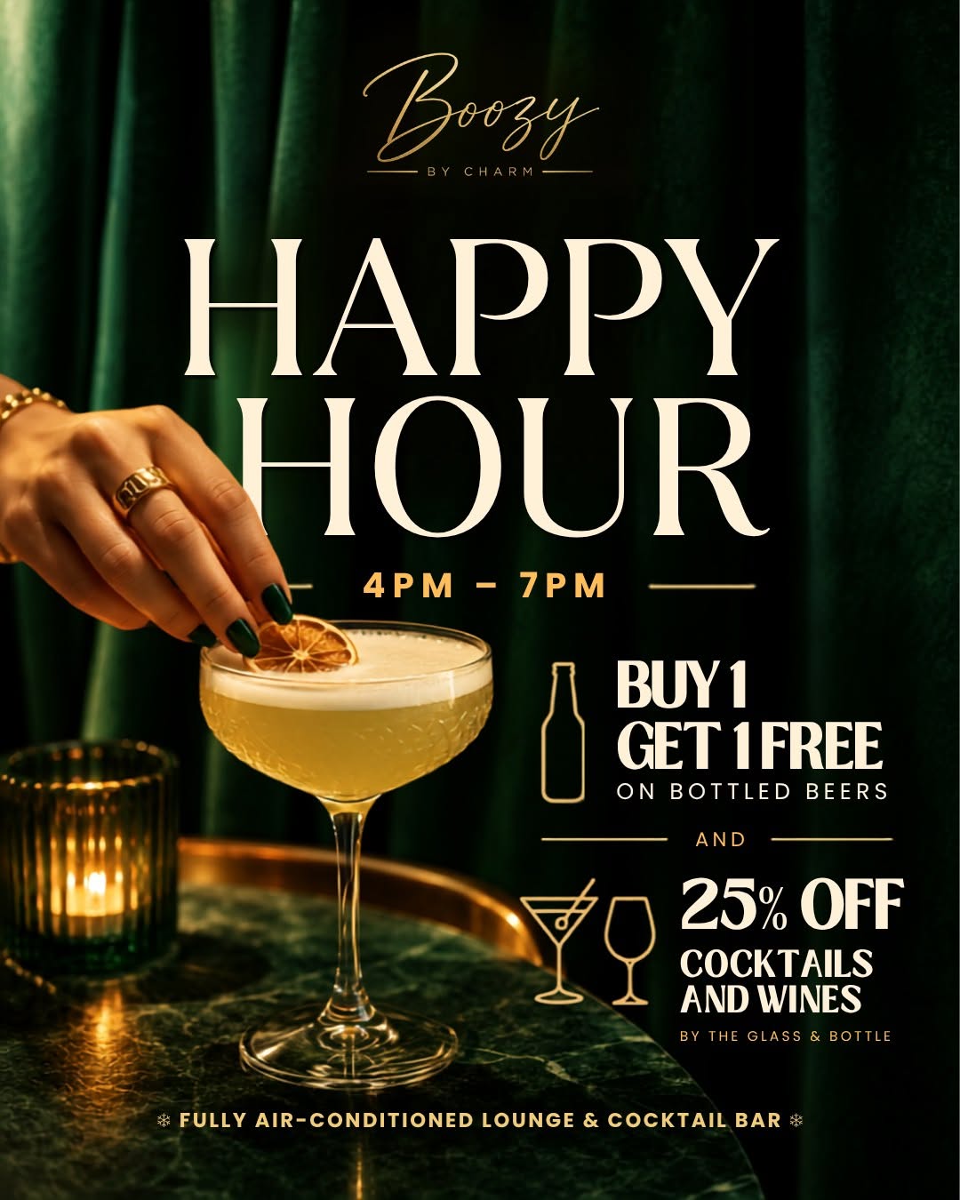 Happy Hour at Boozy by Charm flyer