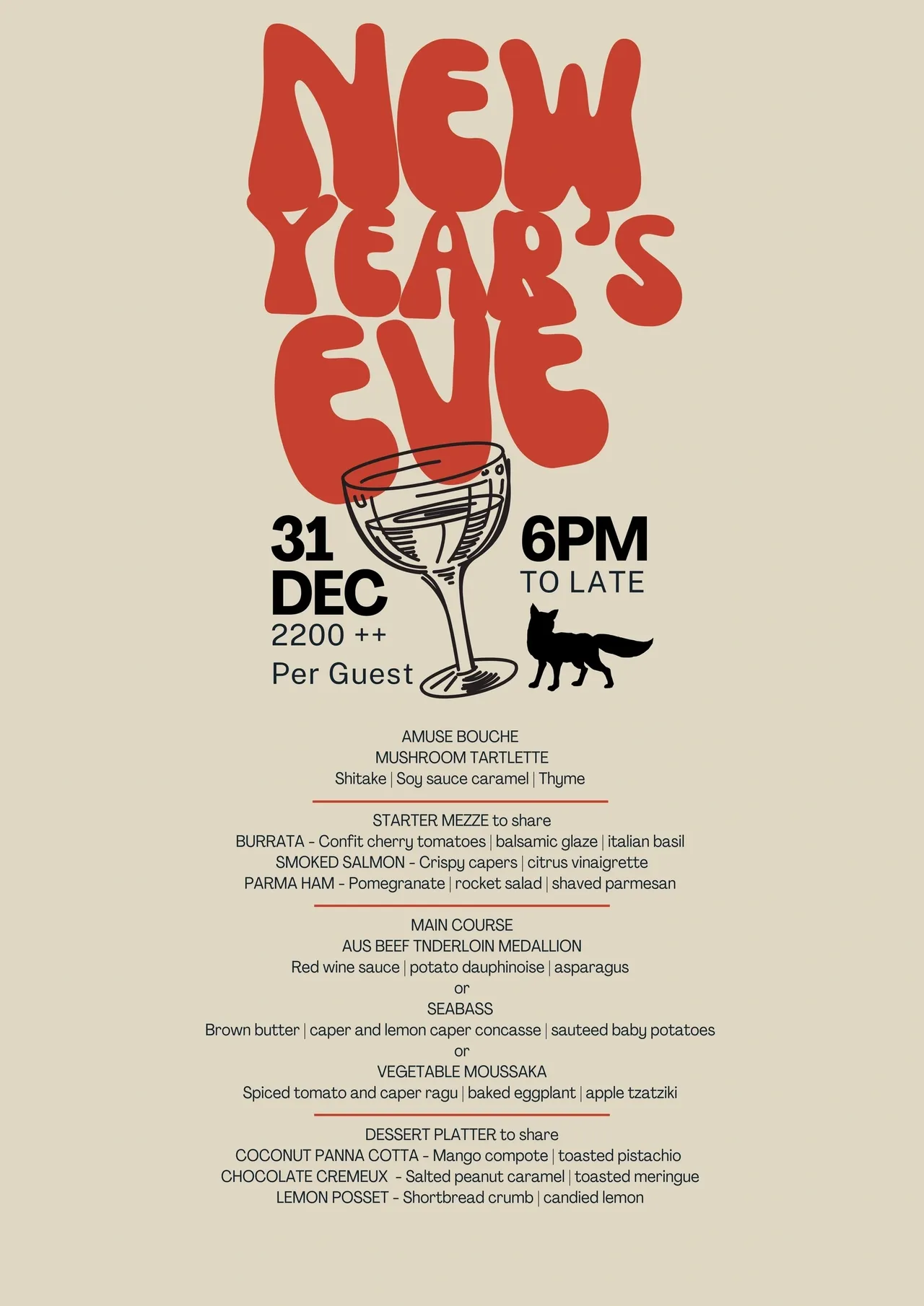 New Year's Eve Dinner flyer